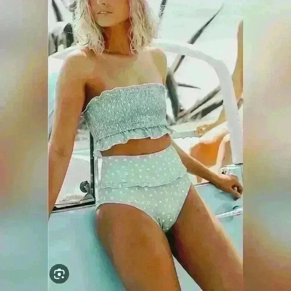 Source Unknown Other - NWOT  Light Blue Floral Smocked Ruffle Trim Bandeau Bikini Top